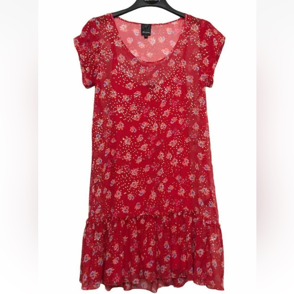 ELLA MOSS GEORGIA SILK RED RUFFLE SHORT SLEEVE FLORAL DRESS SIZE SMALL BOHO